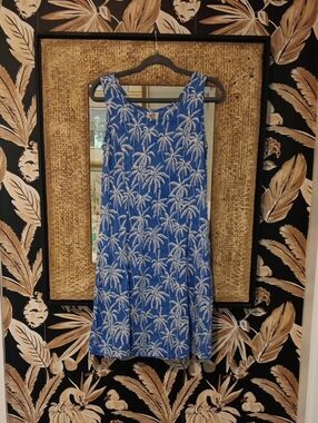 Blue Palm-Print Sleeveless Summer Dress
